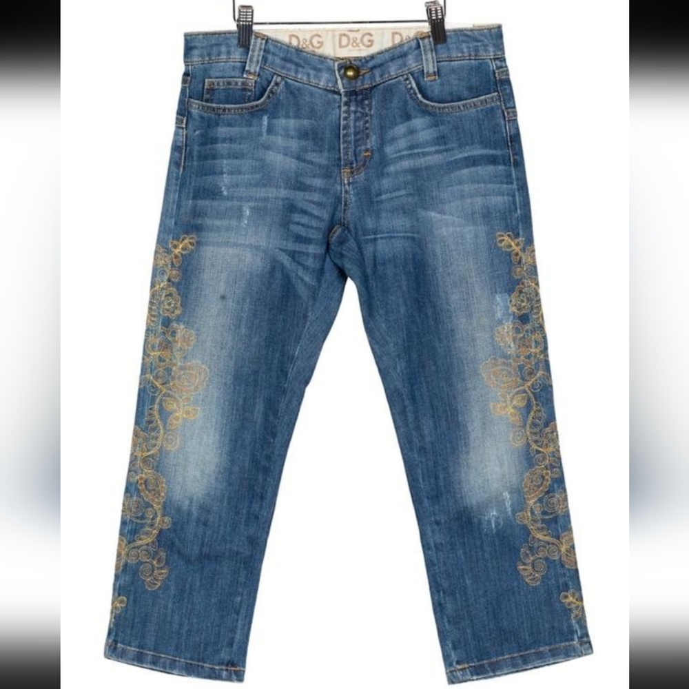 Dolce & Gabbana D&G distressed gold embroidered crop jeans 31